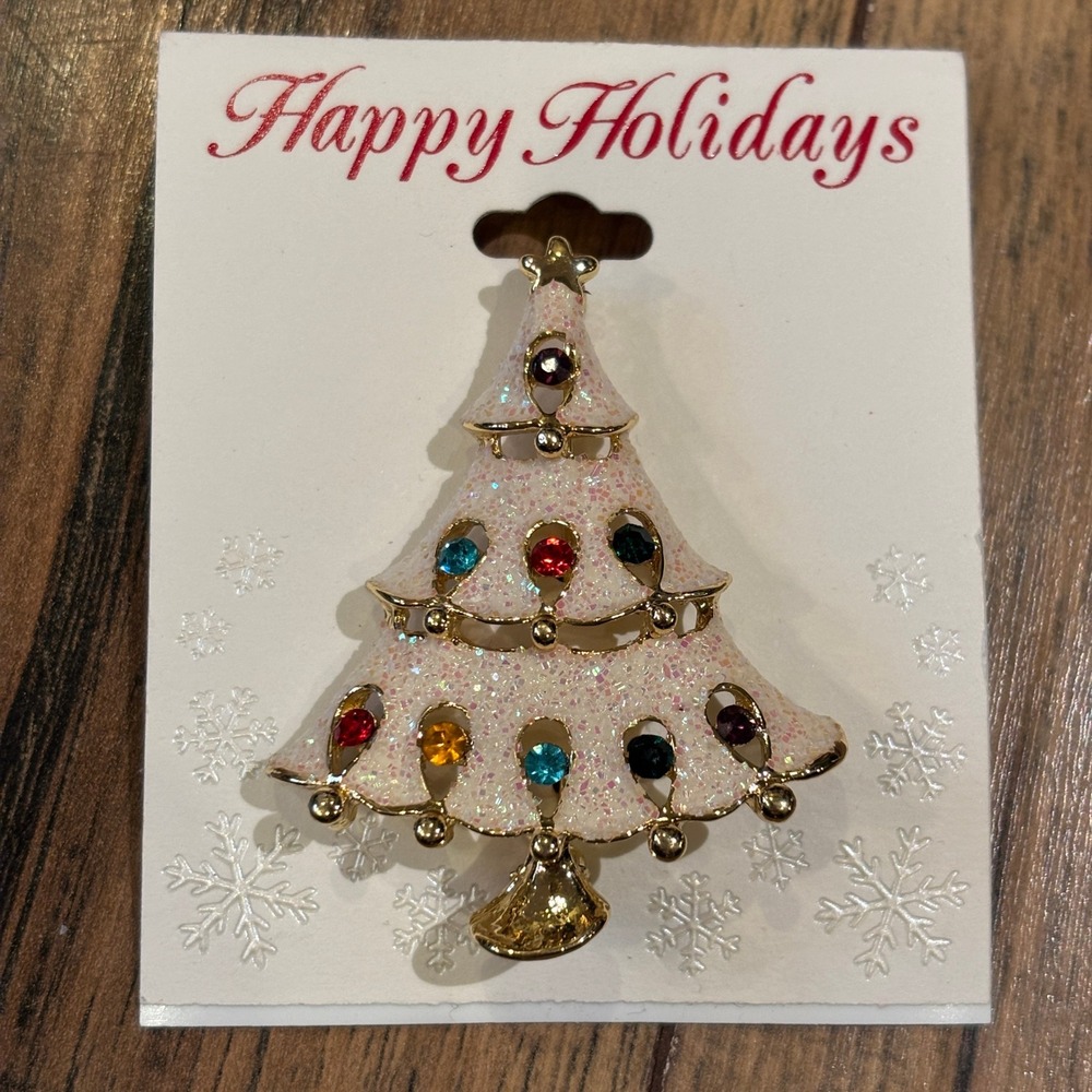 Kohl's Happy Holidays White Glitter Multicolor Rhinestone Christmas Tree Brooch